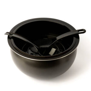 Multicooker bowl and plastic spoons isolated on white background. kitchenware