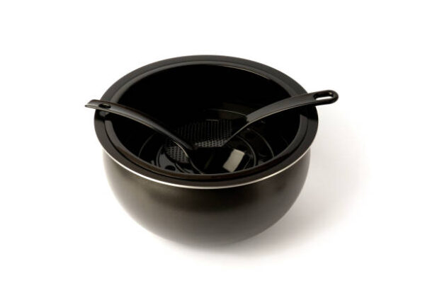 Multicooker bowl and plastic spoons isolated on white background. kitchenware