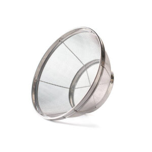 Stainless steel fry basket on white background