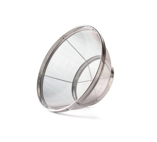 Stainless steel fry basket on white background